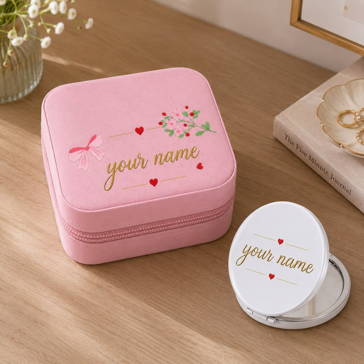 Personalized Jewellery Box with Mini Compact Mirror – Custom Name Gift for Her