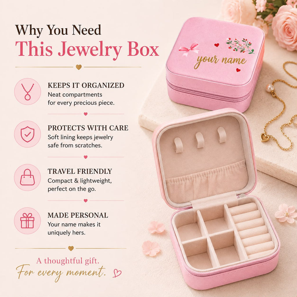 Personalized Jewellery Box with Mini Compact Mirror – Custom Name Gift for Her