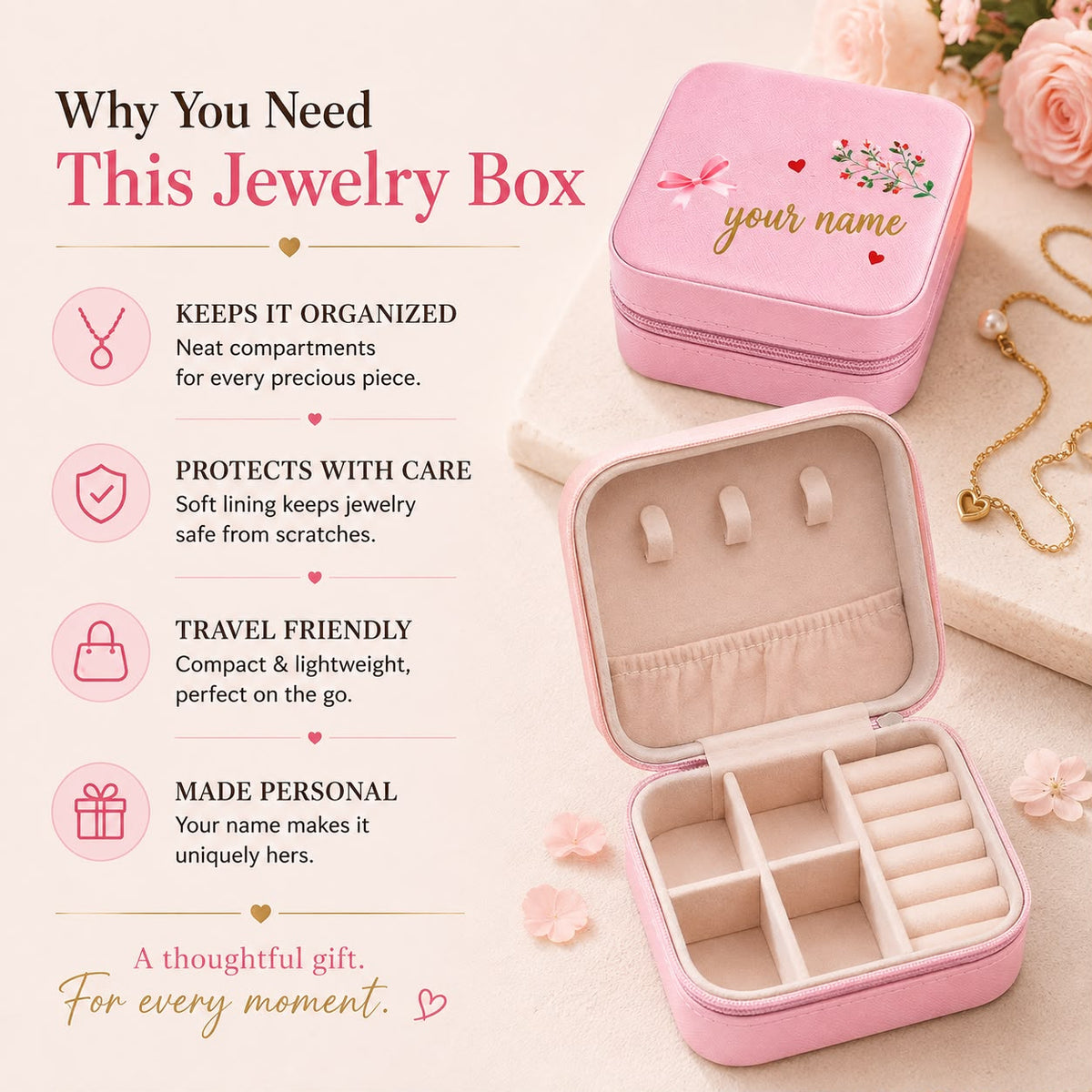 Personalized Jewellery Box with Mini Compact Mirror – Custom Name Gift for Her
