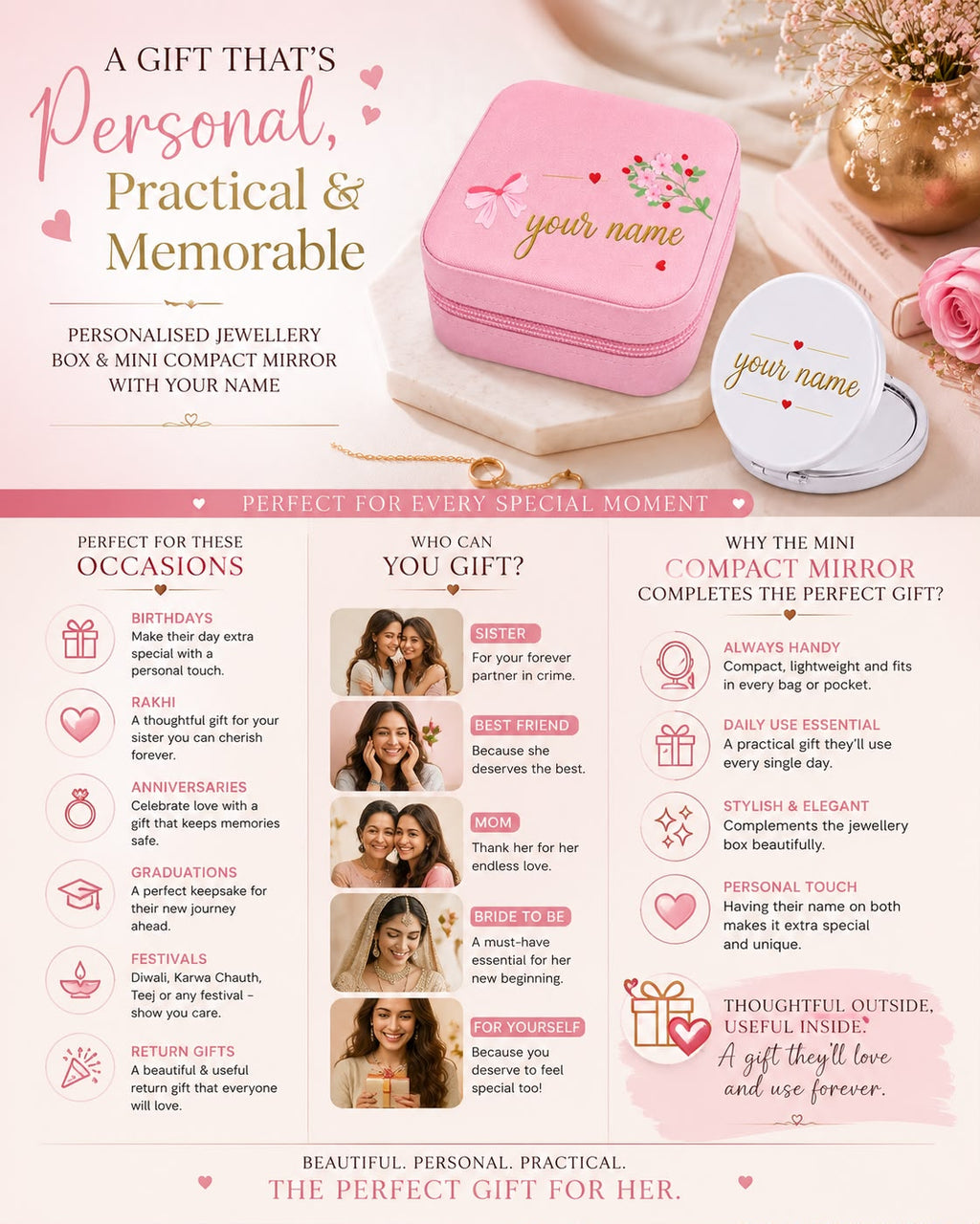 Personalized Jewellery Box with Mini Compact Mirror – Custom Name Gift for Her