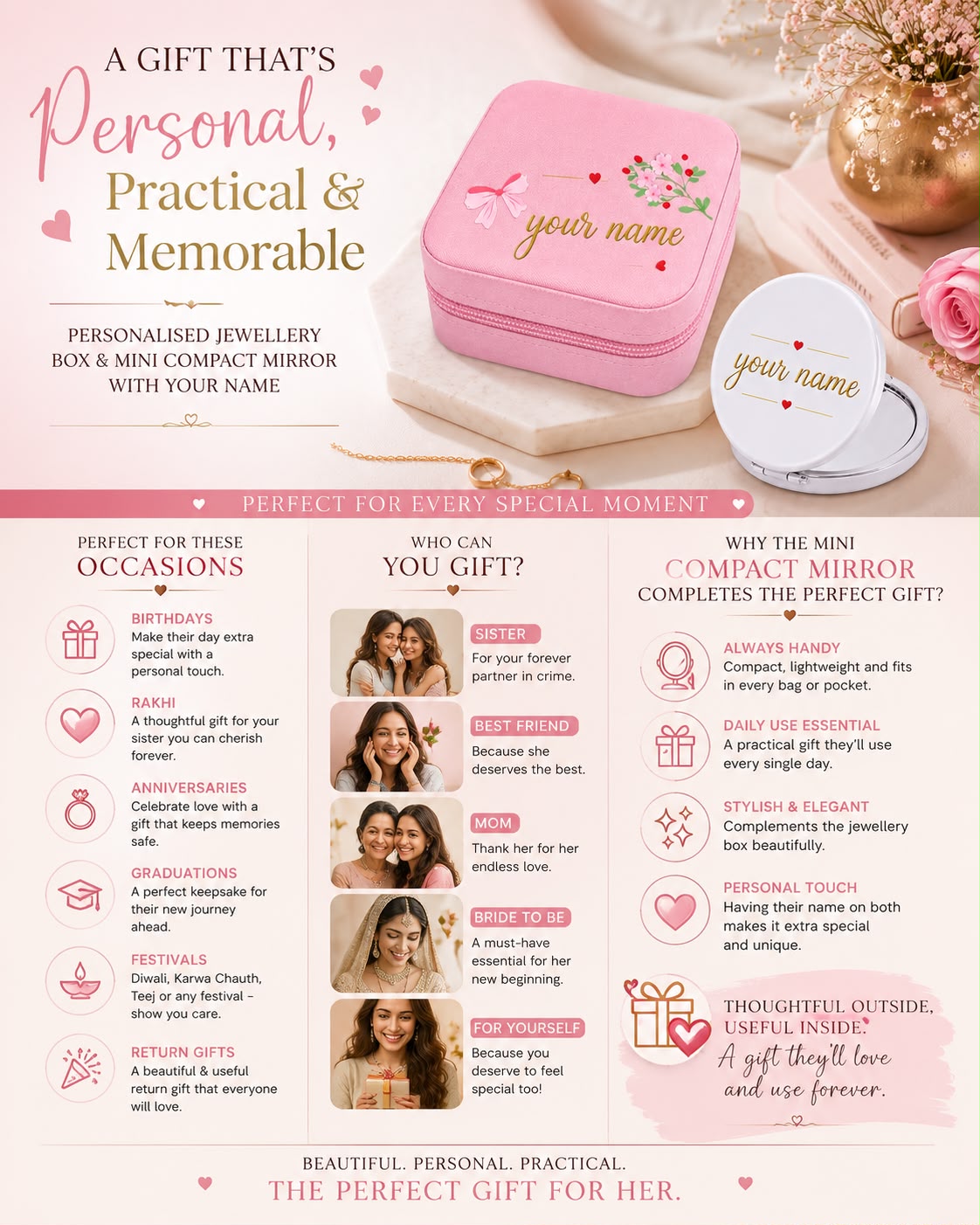 Personalized Jewellery Box with Mini Compact Mirror – Custom Name Gift for Her