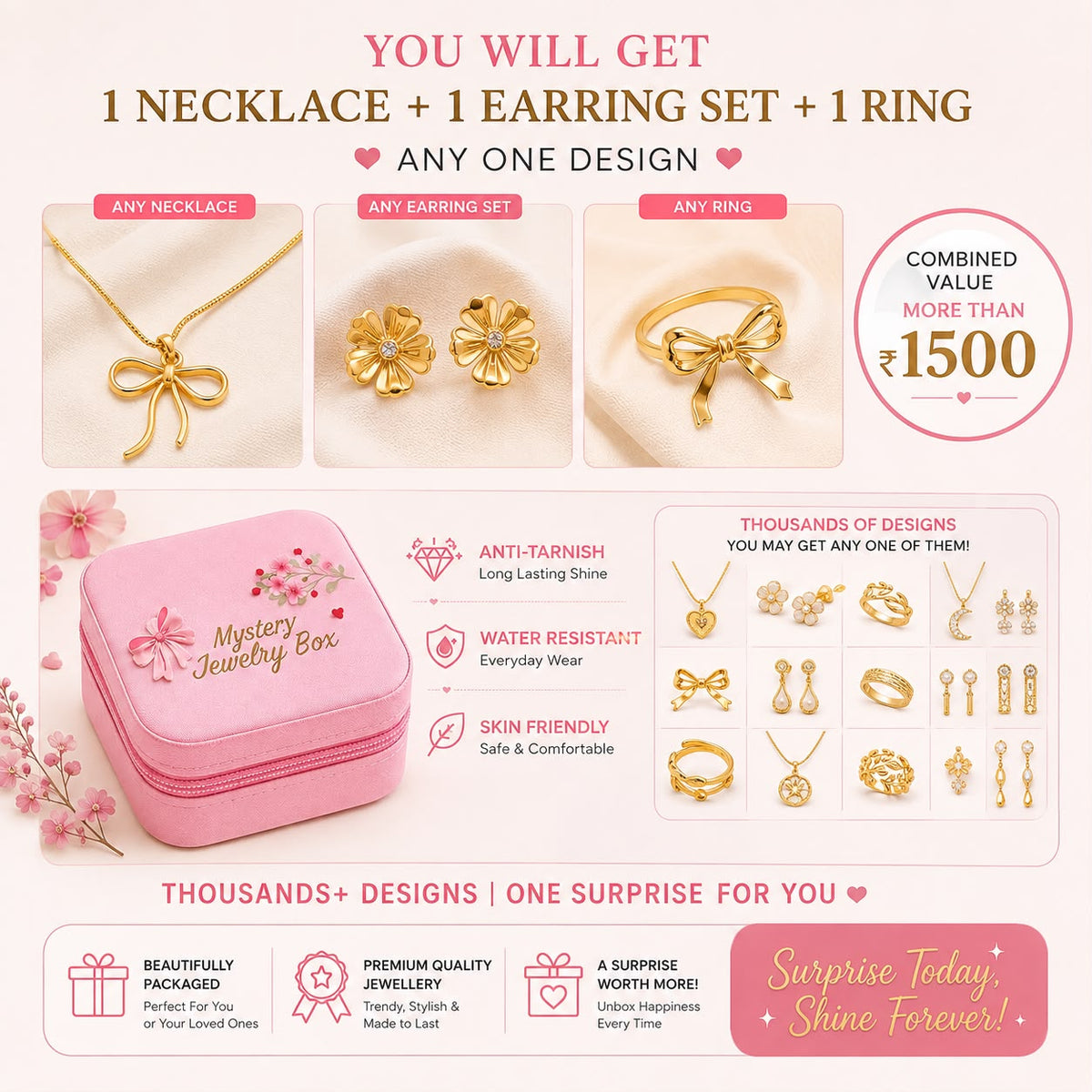 Mystery Jewelry Box for Women – Gold Plated Necklace, Earrings & Ring Set