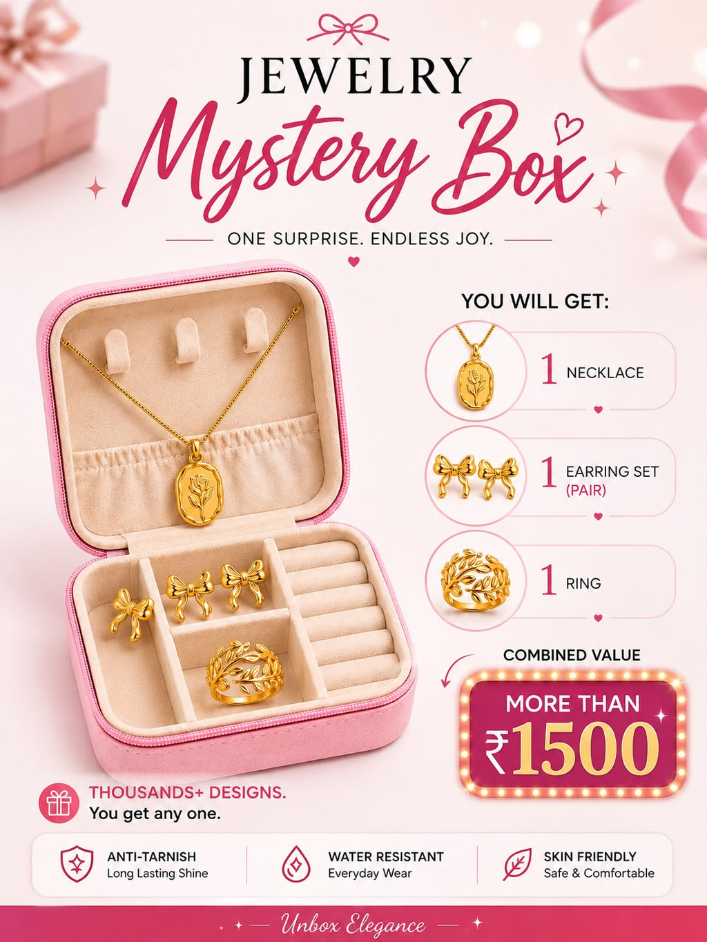Mystery Jewelry Box for Women – Gold Plated Necklace, Earrings & Ring Set