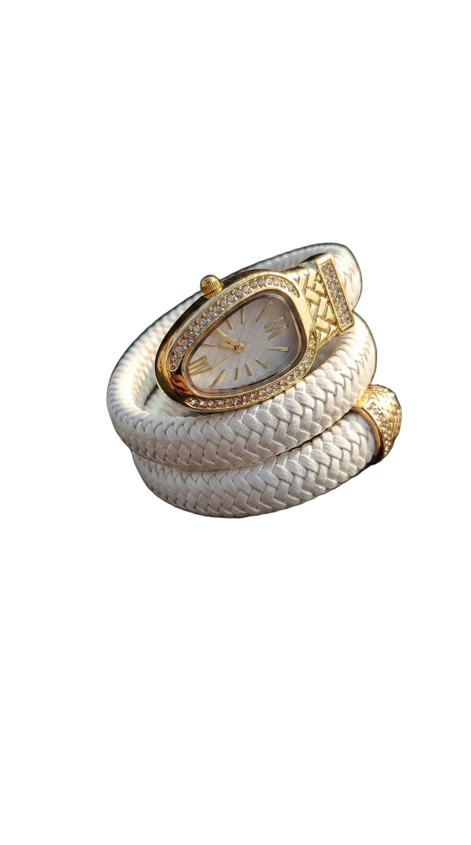 Gold and white snake-shaped wristwatch on a white background