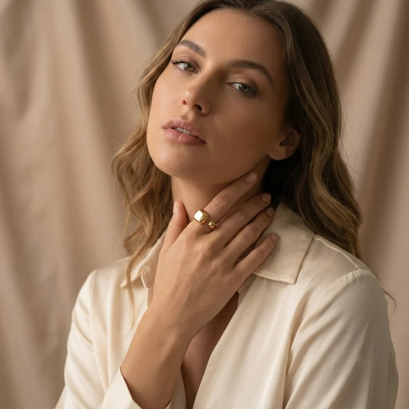 Gold Open Signet Ring | Minimalist Cushion Square Ring for Women