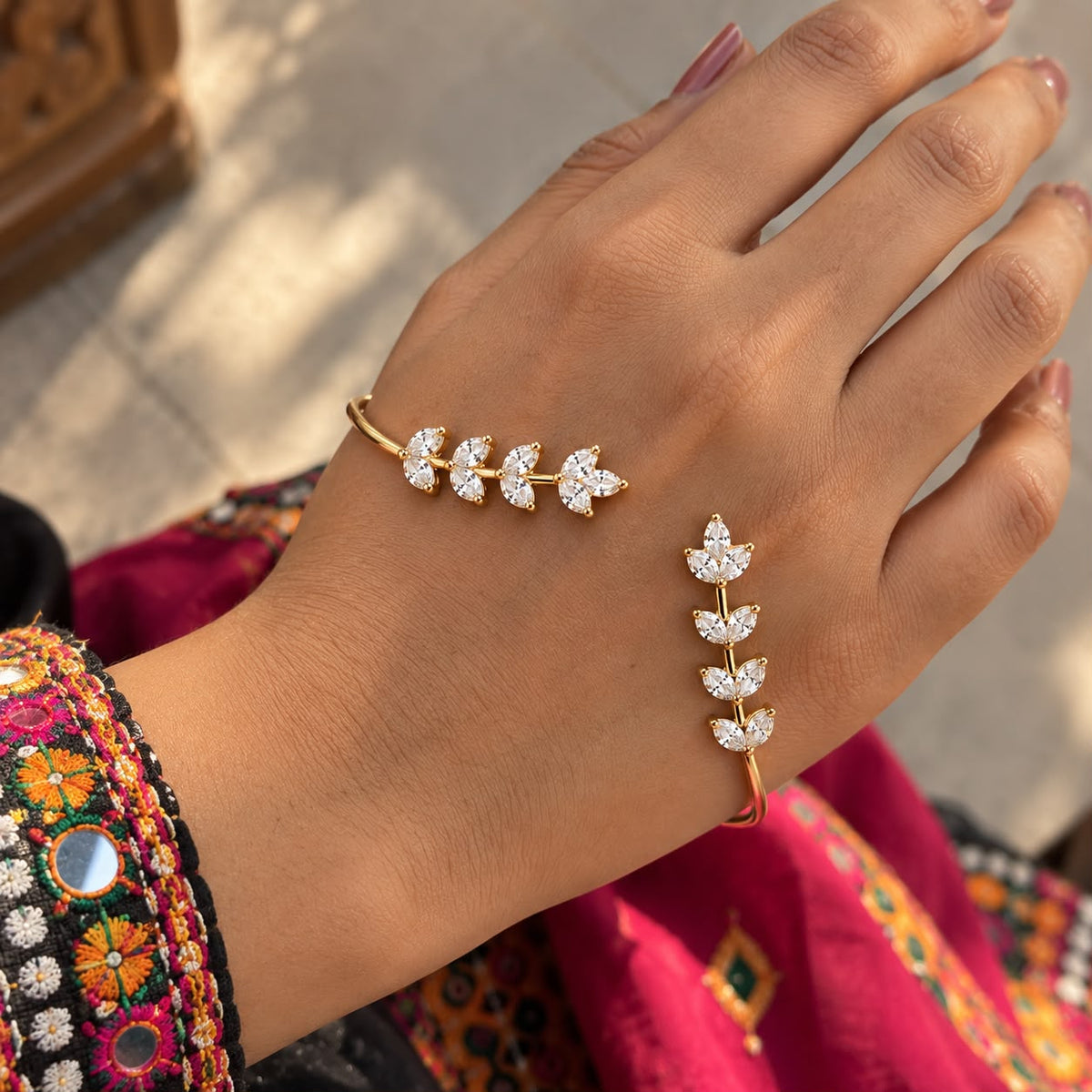 CZ Leaf Bangle Cuff, Gold Plated – Bridal Wear
