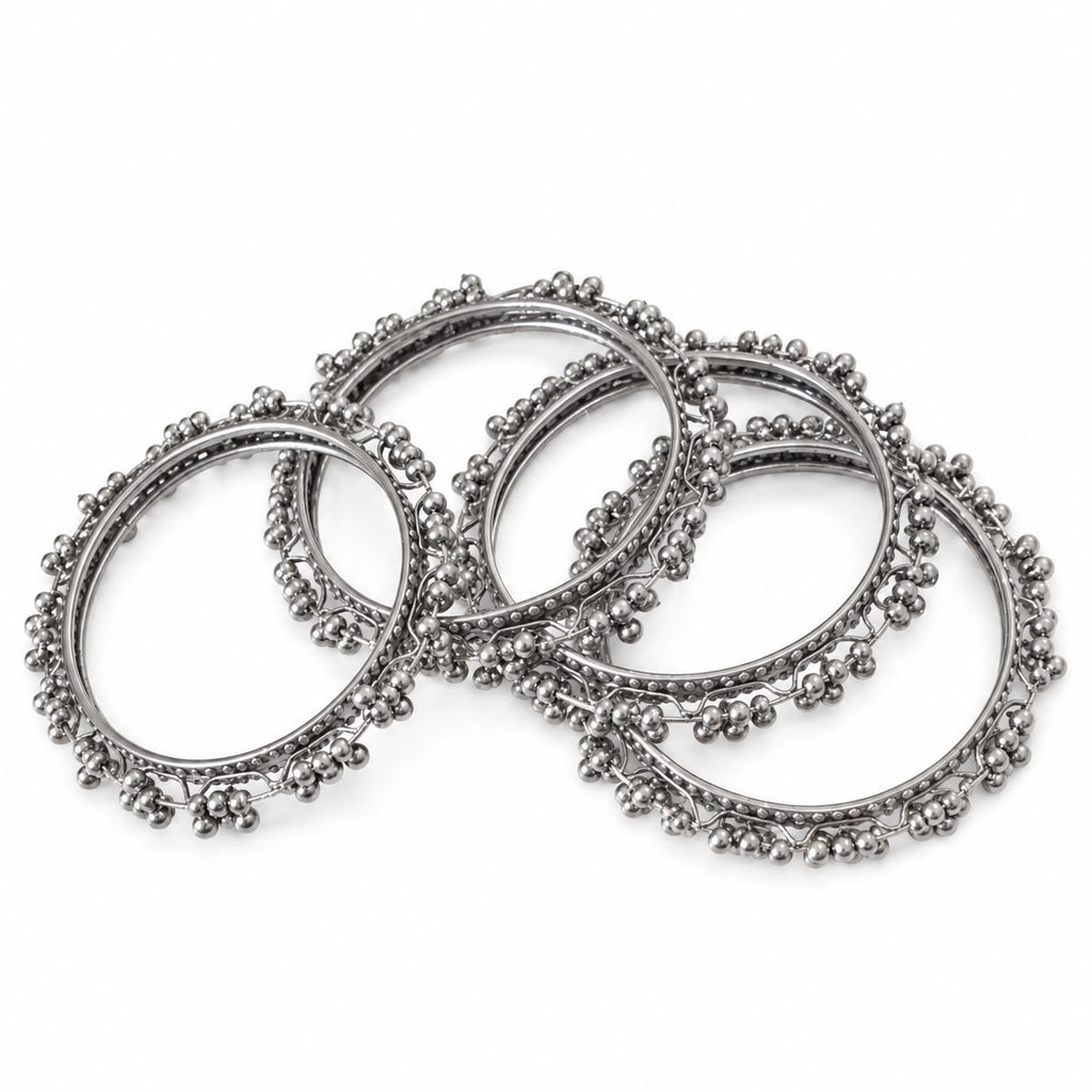 Oxidized Silver Beaded Bangles Set of 4 | Tribal Ghungroo Bangles
