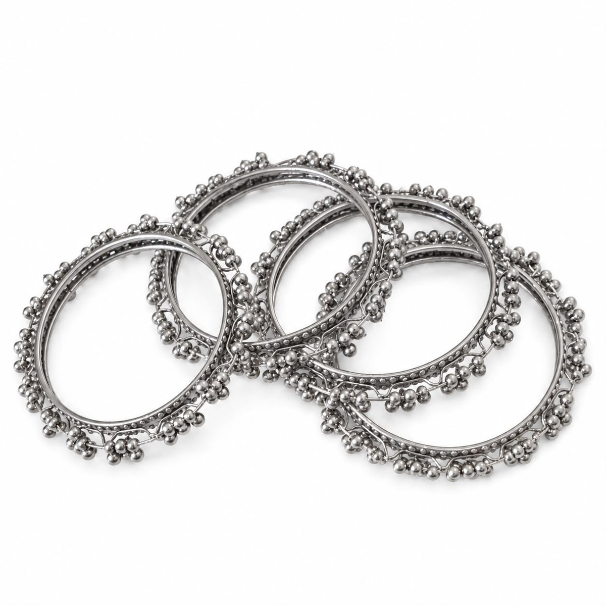 Oxidized Silver Beaded Bangles Set of 4 | Tribal Ghungroo Bangles