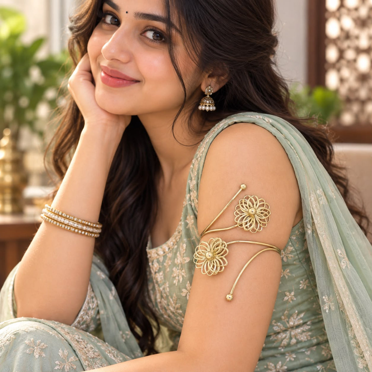 Gold Flower Bajuband Upper Arm Cuff for Women | Navratri Armlet
