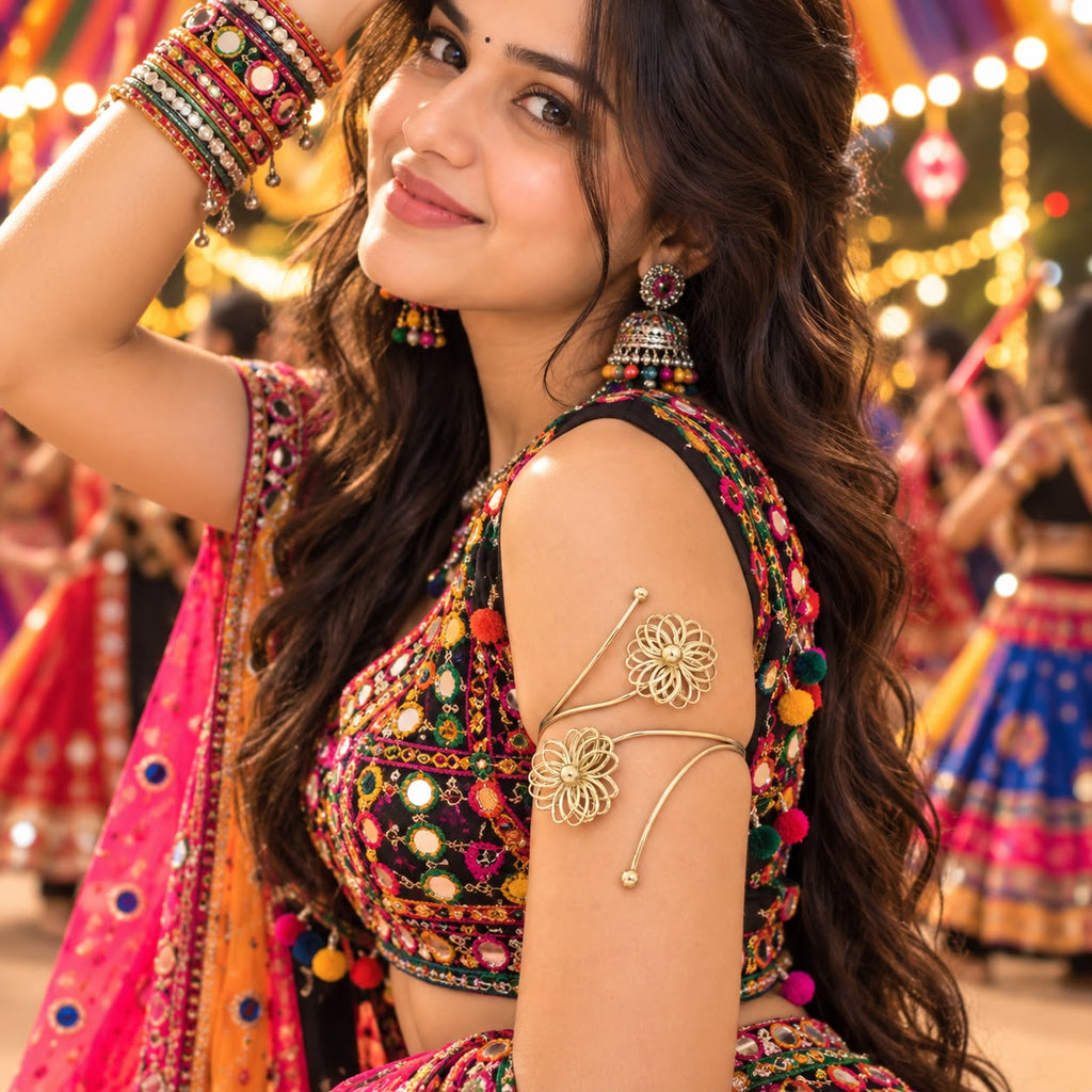 Gold Flower Bajuband Upper Arm Cuff for Women | Navratri Armlet