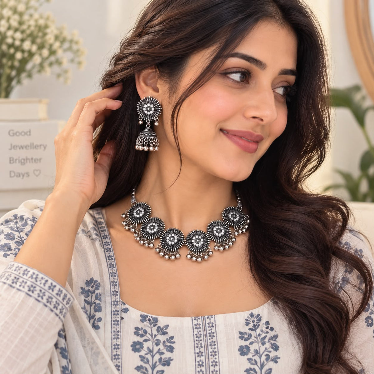 Oxidized Silver Choker & Jhumka Earring Set – Navratri Jewellery