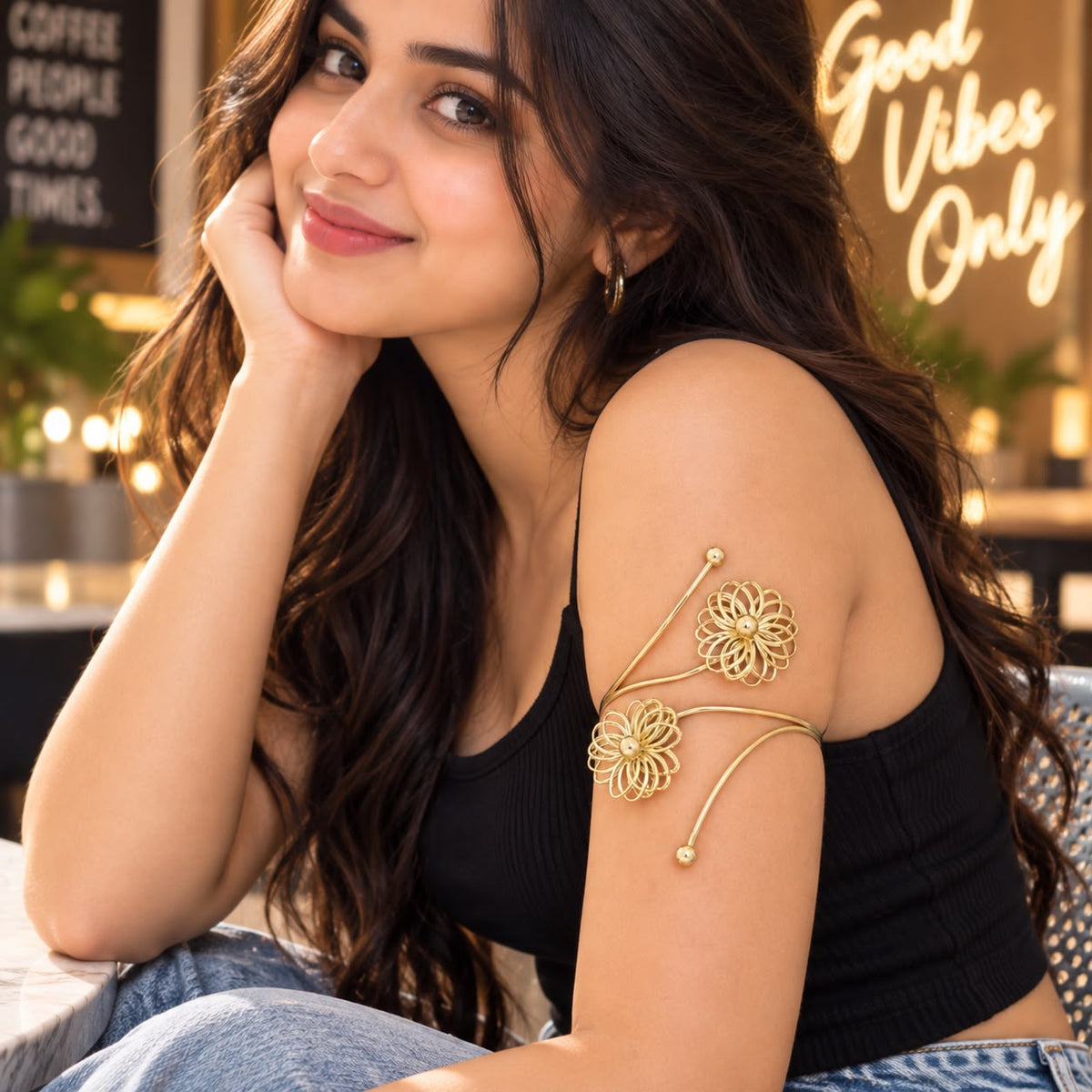 Gold Flower Bajuband Upper Arm Cuff for Women | Navratri Armlet