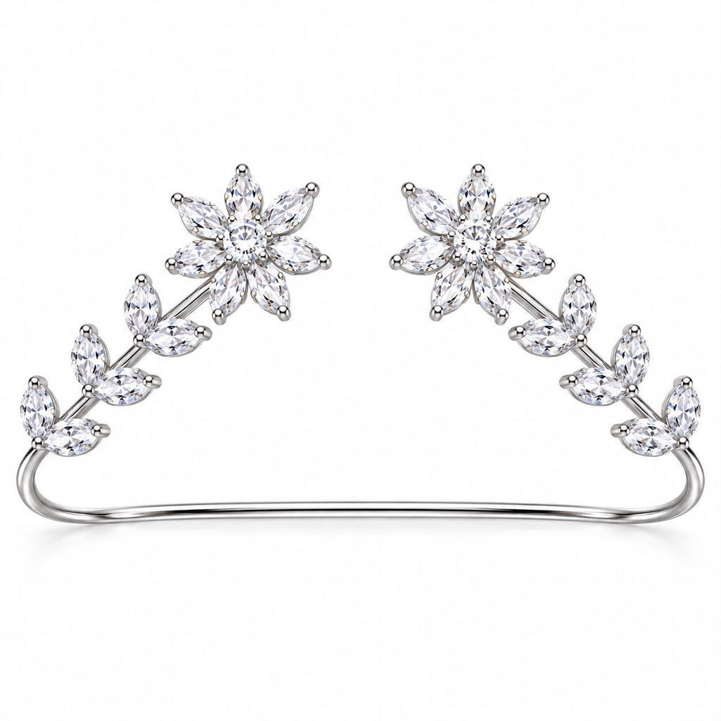 Crystal Flower Cuff Bracelet, Silver Marquise CZ Open Bangle