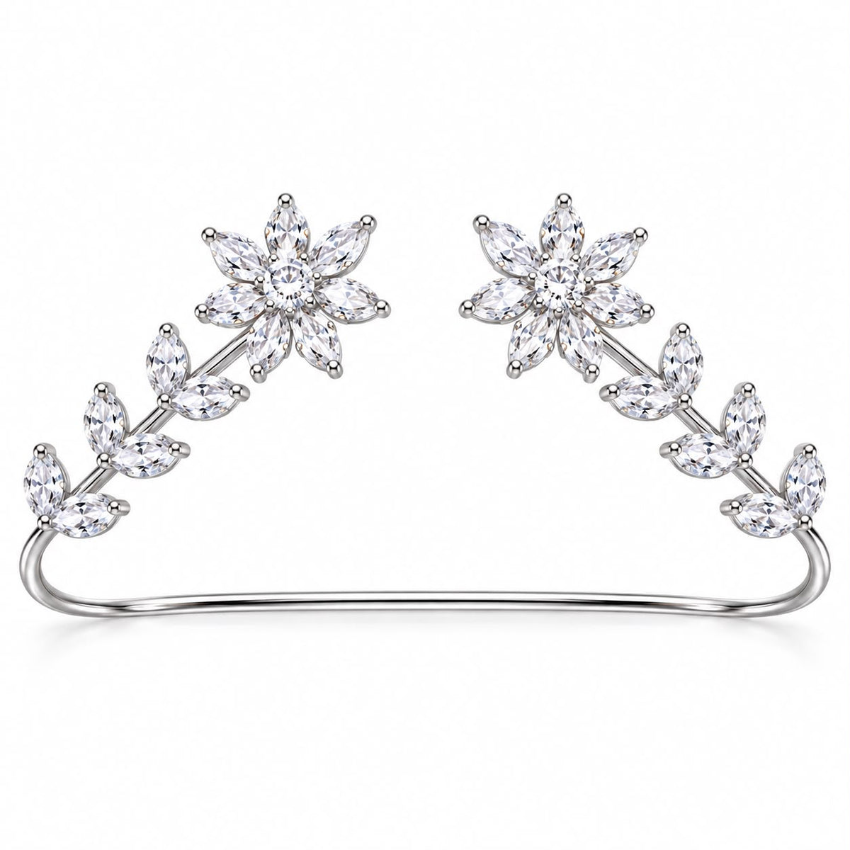 Crystal Flower Cuff Bracelet, Silver Marquise CZ Open Bangle