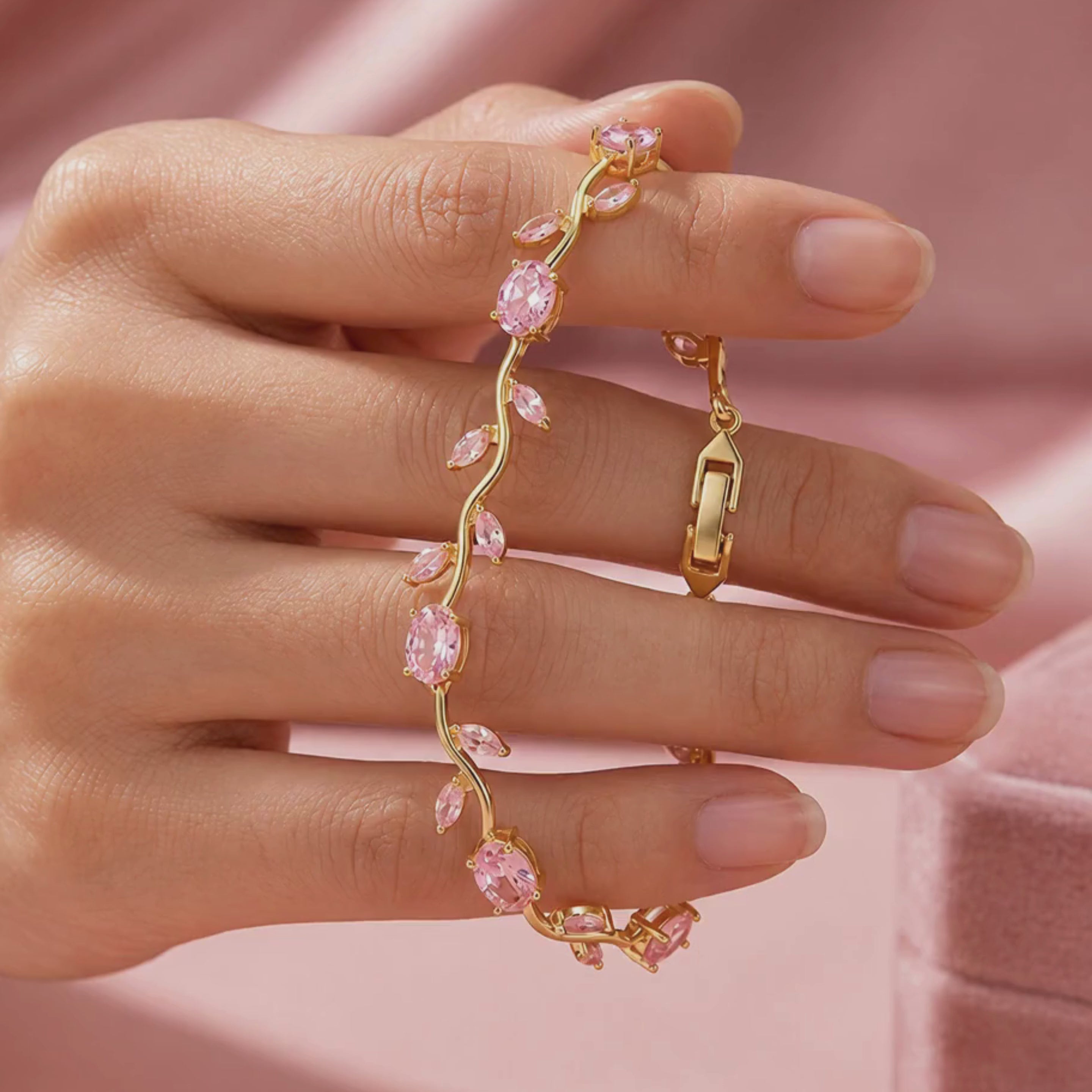 Pink Stone Tennis Bracelet | Gold Pink CZ Bracelet for Women